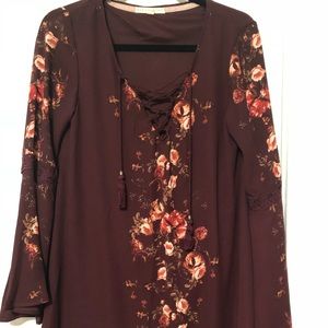 Burgundy Floral Flowy Knee Length Dress